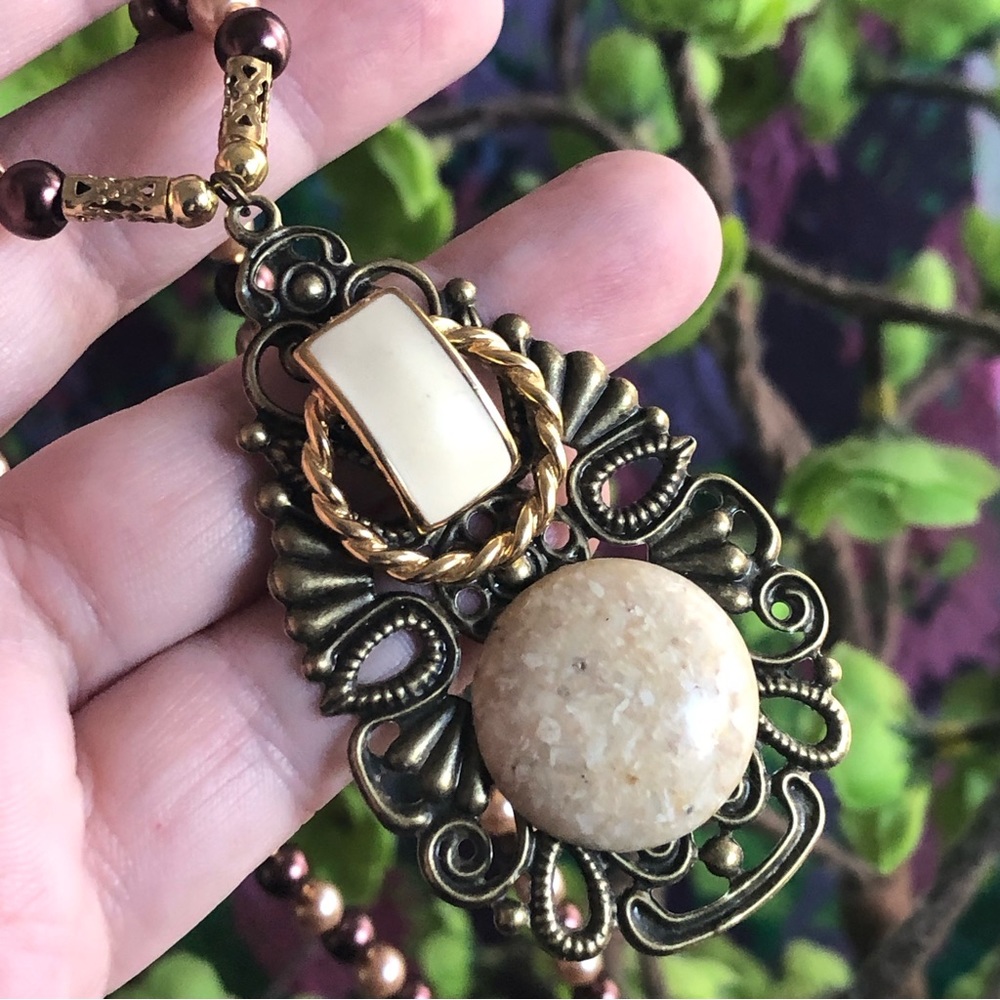 Handcrafted repurpose filigree pendant Czech Pearl necklace - Picture 2 of 11